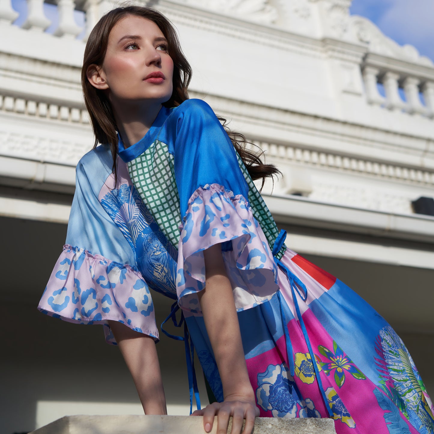 Patchwork print raglan dress
